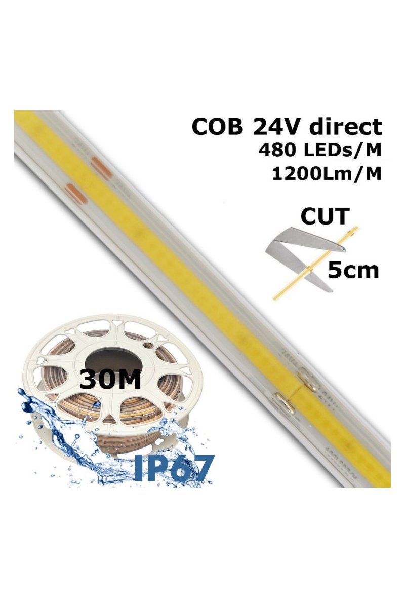 Ruban LED COB 24V | 480 LED/m | 30m | FLIP CHIP | 1200Lm |12W/M | CRI90 | IP67