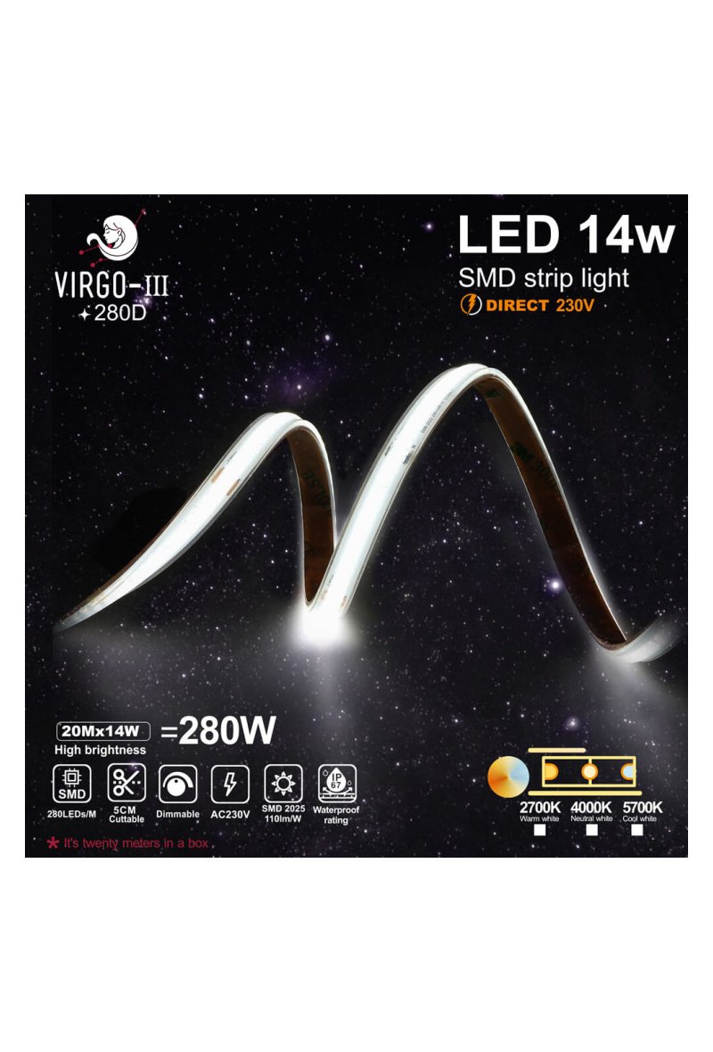 Bande LED 220V | 280xLED/m | 20m | SMD2025 | 1596Lm/M | 14W/M | IP67 | 10mm | Coupe tous les 5cm