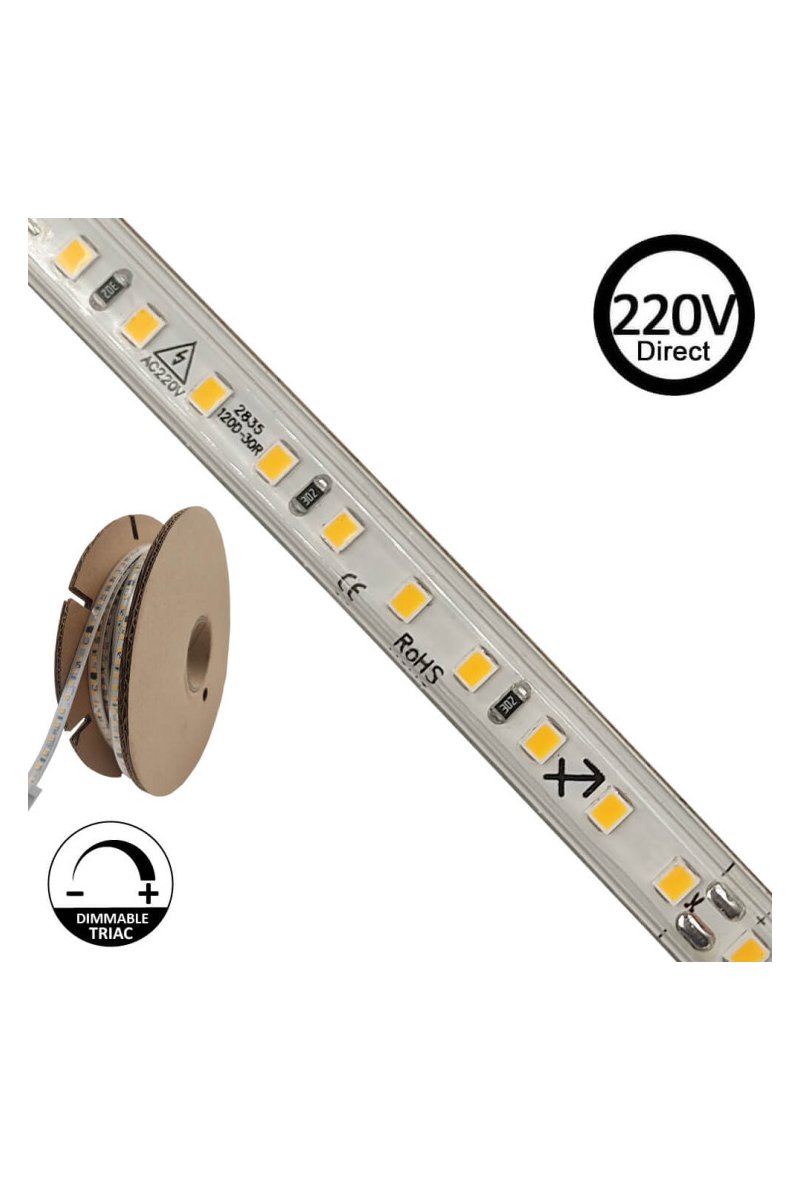 Ruban LED 220V | 120xLED/m | 20m | SMD2835 | 1450Lm/M | 14W/M | IP67 | Coupez tous les 10cm