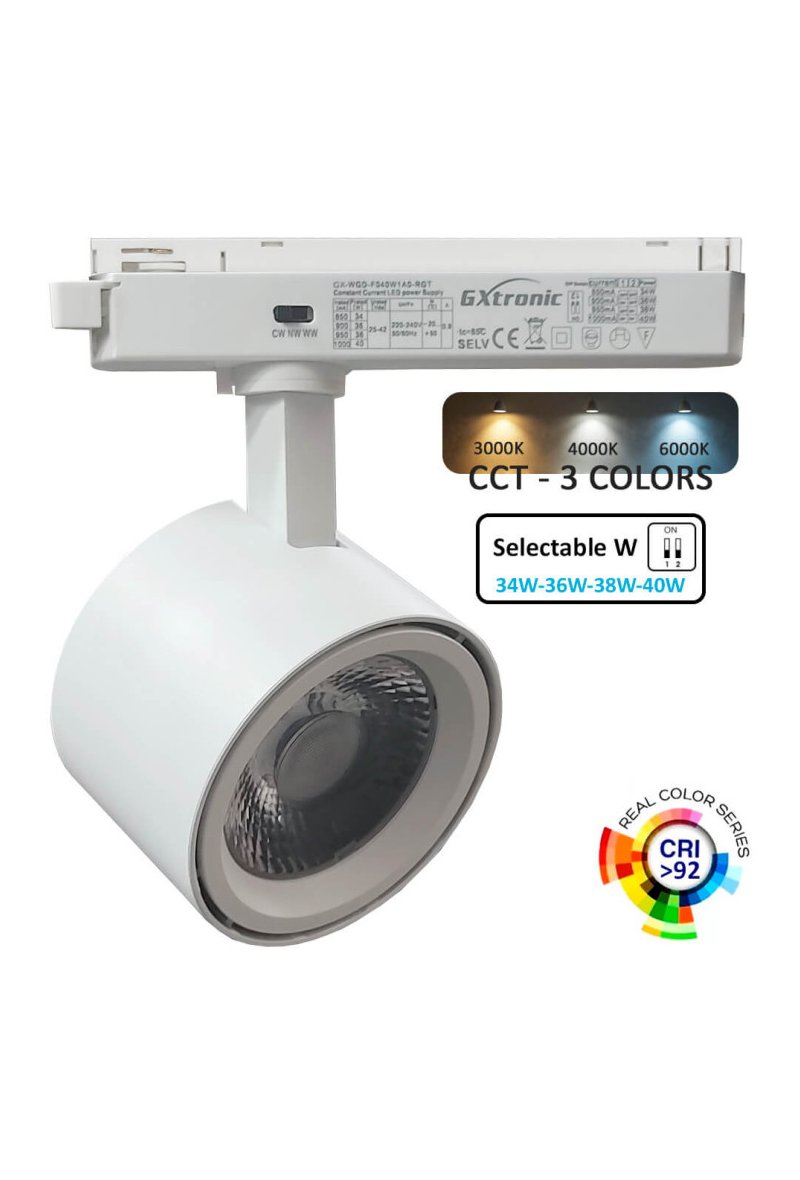 Spot LED 40W - 34W ODENSE Blanc pour Rail Monophasé - CCT - CRI+92 - UGR13 - 24º